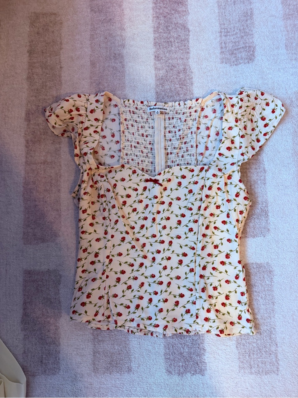 Reformation Cream Top with Red Rose Print and Green Leaves